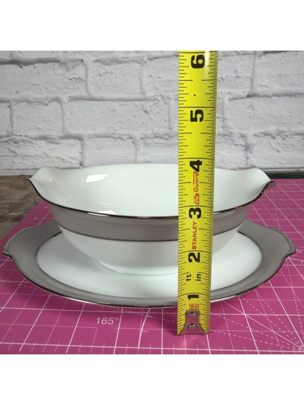 VTG Sango Platina 9in Gravy Sauce Boat Attached Underplate White Platinum Japan - Picture 13 of 14